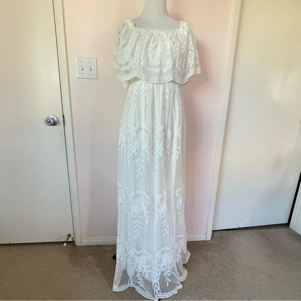 White Boho Lace Off Shoulder Maxi Dress Embroidered Romantic Coastal Medium - Picture 16 of 16